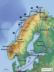 Karte der großen Skandinavienrundreise mit Finnland