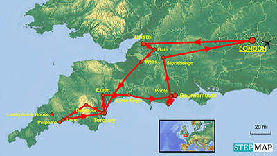 Karte der Busrundreise durch Devon und Cornwall
