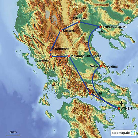Karte der Rundreise durch Nordgriechenland
