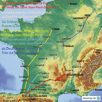 Karte der Jakobswege durch Frankreich