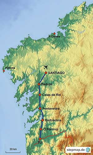 Karte von der Strecke von Tui nach Santiago de Compostela