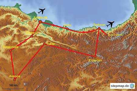 Karte des Tourenverlaufs der Schwarzmeer- Kappadokien Autorundreise